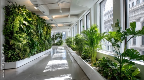 Green office interior design with vertical garden and plants promoting wellbeing