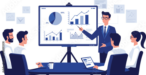 Business Strategy Meeting: Team Collaboration with Data Analytics and Presentation flat vector illustration