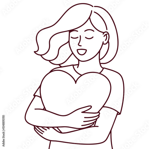 Minimal line art of woman with closed eyes hugging heart, peaceful emotional expression in clean black and white style