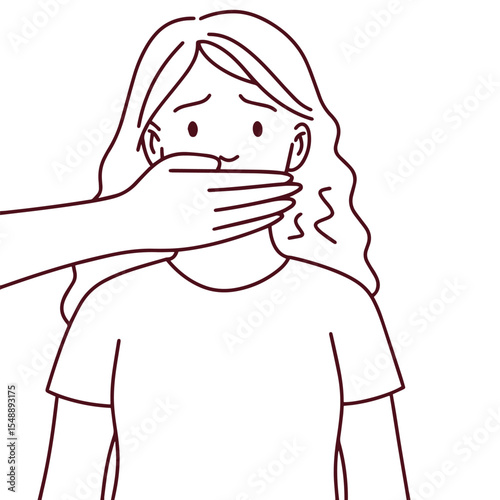 Line drawing of woman in shirt with frightened eyes is silenced by a hand covering her mouth. Symbol of abuse, threat, and emotional suppression