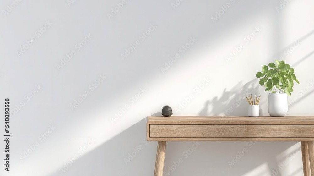 Fototapeta premium Light-filled room with a wooden desk and greenery.