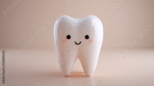 Cute smiling tooth cartoon character on soft peach background