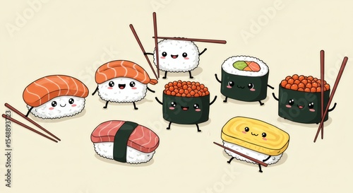 Adorable Kawaii Sushi Characters with Chopsticks Japanese Food Illustration
