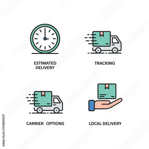 Four teal and gray delivery service icons depicting estimated delivery time clock carrier options package tracking and local delivery handoff