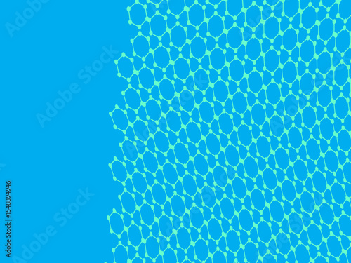 Bright blue futuristic hexagonal pattern background connected with dots on a bright blue background, creating a wavy digital texture.