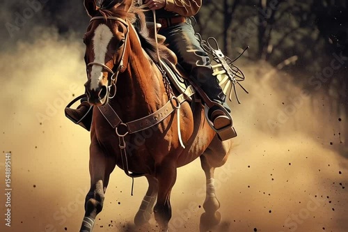 A cowboy rides a bucking bronc horse in slow motion, full of grit, strength, and classic rodeo action.