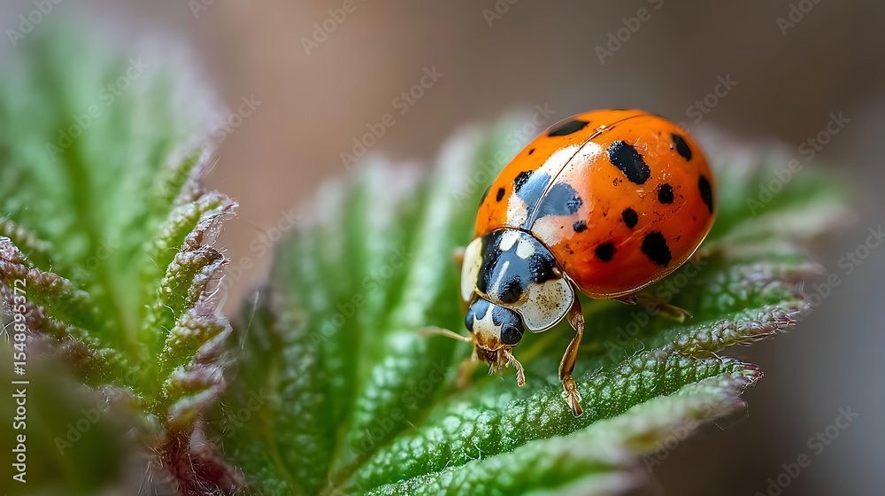 Obraz premium Ladybug on Green Leaf Close-up