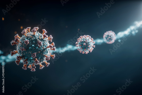 Long chain of virus particles floating in digital space