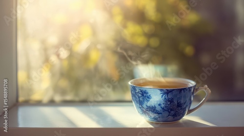 A steaming cup of tea on a windowsill bathed in sunlight.