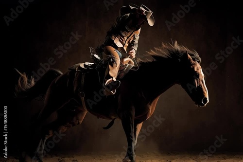 A cowboy rides a bucking bronc horse in slow motion, full of grit, strength, and classic rodeo action.