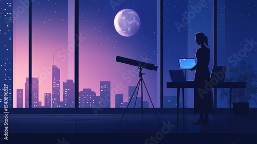 Silhouette of woman working at night overlooking city