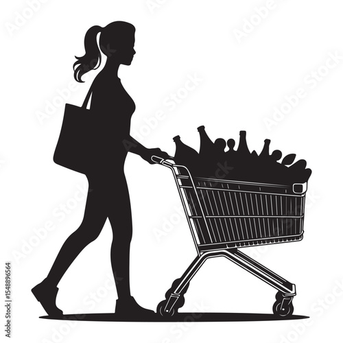 Female Shopper Pushing Grocery Trolley Vector