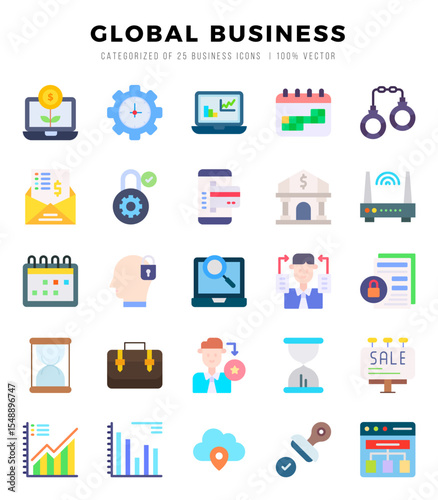 Global Business Flat icons collection. 25 icon set in a Flat design.