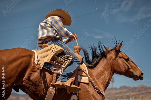 A cowboy rides a bucking bronc horse in slow motion, full of grit, strength, and classic rodeo action.
