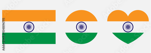 indian flag in round, heart and rectangular shape with ashok chakra isolated with white background. green white navy blue and orange coloured indian flag. vector illustrator.