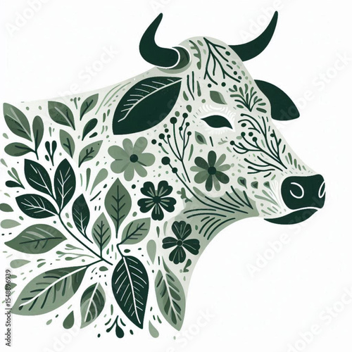 Floral patterned cow head illustration with green leaves and flowers
