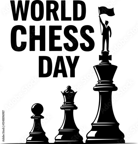 Celebrating World Chess Day with a triumphant chess figure.