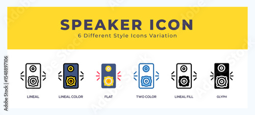 Speaker icon symbol set. outline. glyph black. flat color and filled line color.