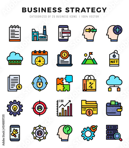 Business Strategy Lineal Color icons collection. 25 icon set. Vector illustration.