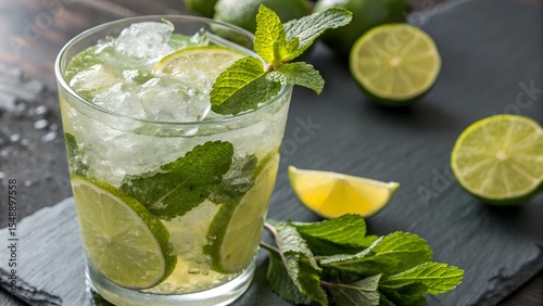 Mojito-Inspired Refreshing Drink with Mint, Lime, and Ice on Slate Surface