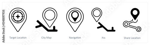 A set of 5 mix icons as target location, city map, navigation