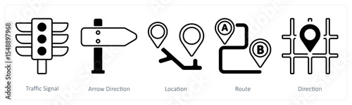 A set of 5 mix icons as traffic signal, arrow direction, location