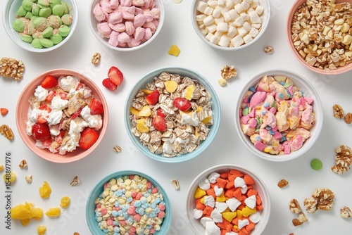 Assorted breakfast cereals in bowls on a white surface.