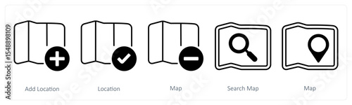 A set of 5 mix icons as add location, location, map information