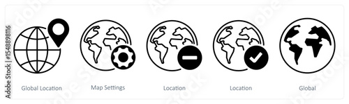 A set of 5 mix icons as global location, map settings, location