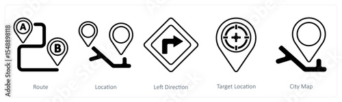 A set of 5 mix icons as route, location, left direction