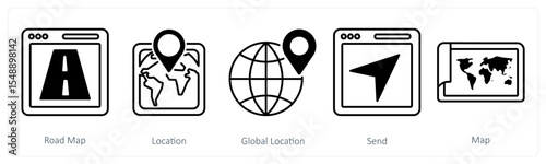 A set of 5 mix icons as road map, location, global location