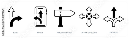 A set of 5 mix icons as path, route, arrow direction