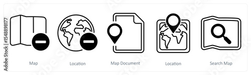 A set of 5 mix icons as map, location, map document
