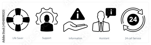 A set of 5 mix icons as life saver, support, information