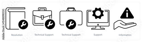 A set of 5 mix icons as resolution, technical support, support