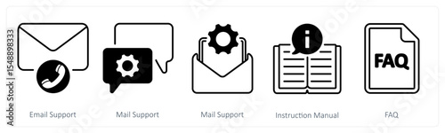 A set of 5 mix icons as email suppprt, mail support, instruction manual