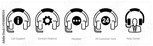 A set of 5 mix icons as call support, contact helpline, headset