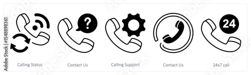 A set of 5 mix icons as calling status, contact us, calling support