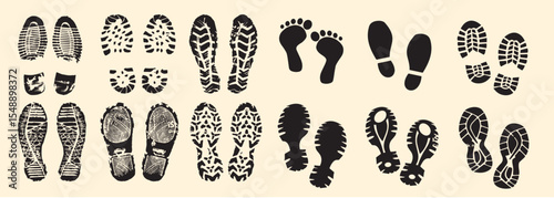 Collection of different abstract black vintage grunge shoe prints