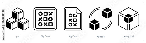 A set of 5 mix icons as 3d, big data, refresh