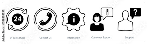 A set of 5 mix icons as 24 call service, contact us, information