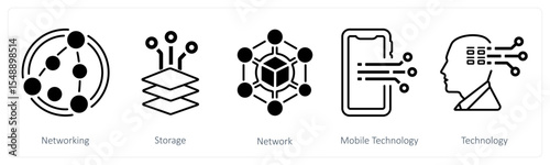 A set of 5 mix icons as networking, storage, network