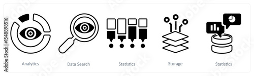 A set of 5 mix icons as analytics, data search, statistics