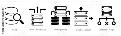 A set of 5 mix icons as audit, server connectivity, hosting server