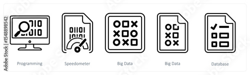 A set of 5 mix icons as programming, speedometer, big data