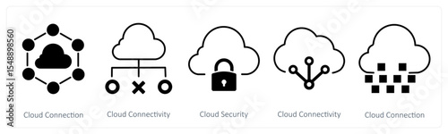 A set of 5 mix icons as cloud connection, cloud connectivity, cloud security