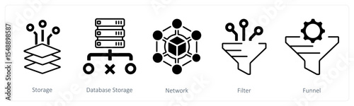 A set of 5 mix icons as storage, database storage, network