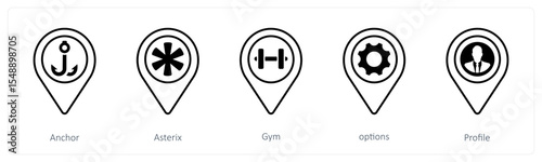 A set of 5 mix icons as anchor, asterix, gym