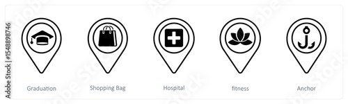 A set of 5 mix icons as graduation, shopping bag, hospital