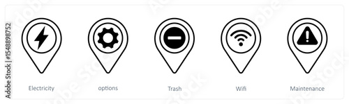 A set of 5 mix icons as electricity, options, trash
